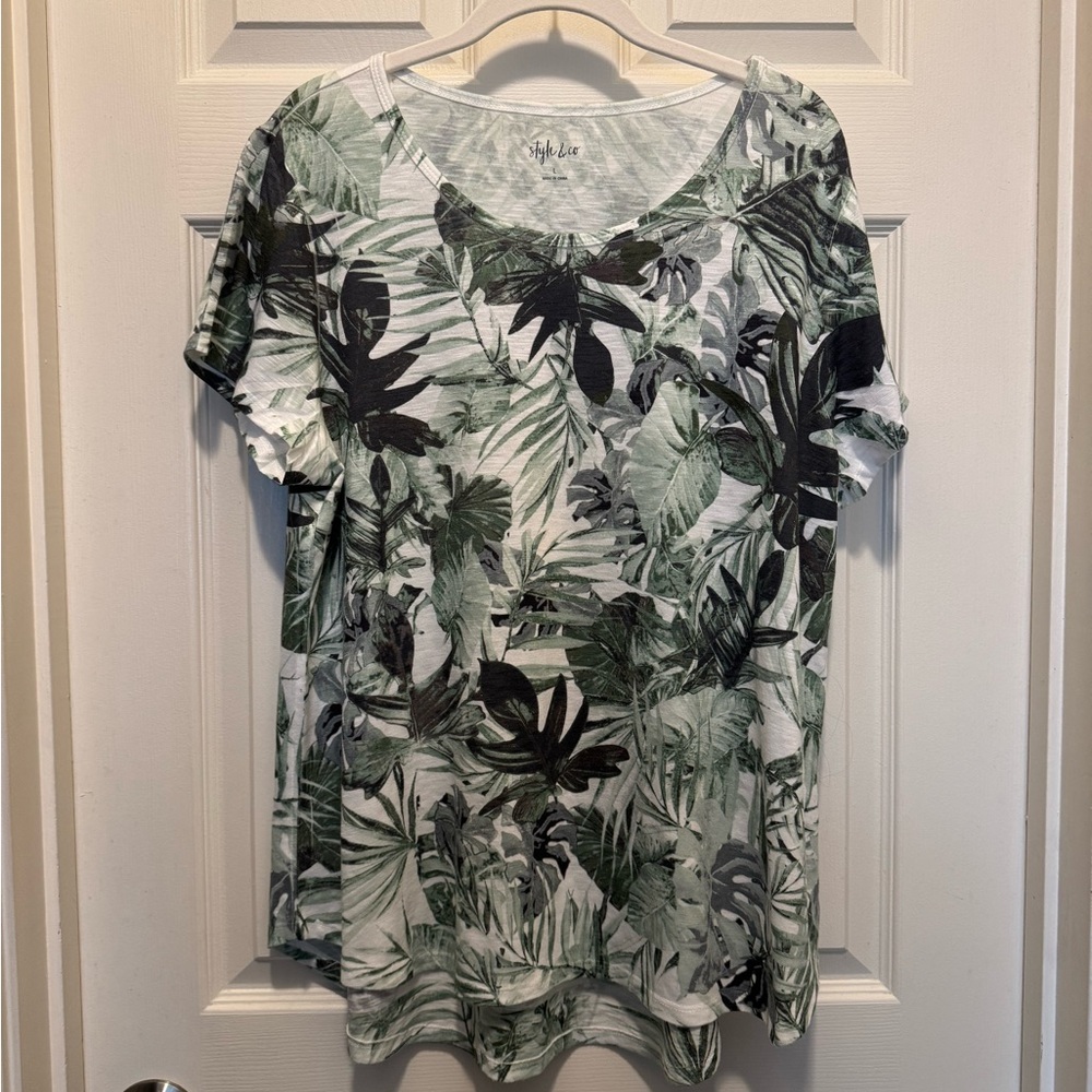 Style & Co Leaf Print Top - Green & Black
